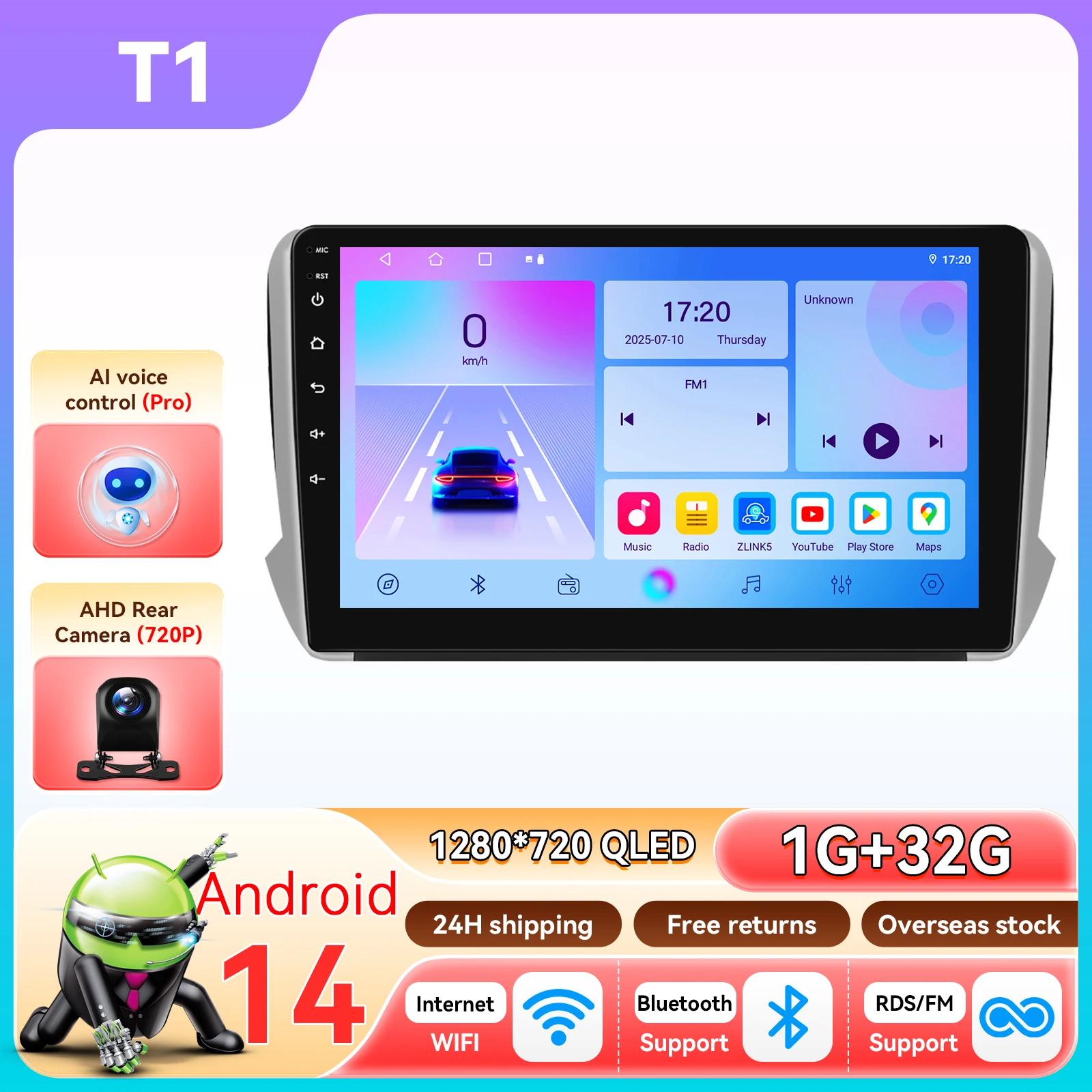 10.1 "Qualcomm 6115 Android 14 Autoradio Voor Peugeot 208 2008 2014 - 2018 draadloze CarPlay Android Auto 4G BT GPS DSP 360 Camera