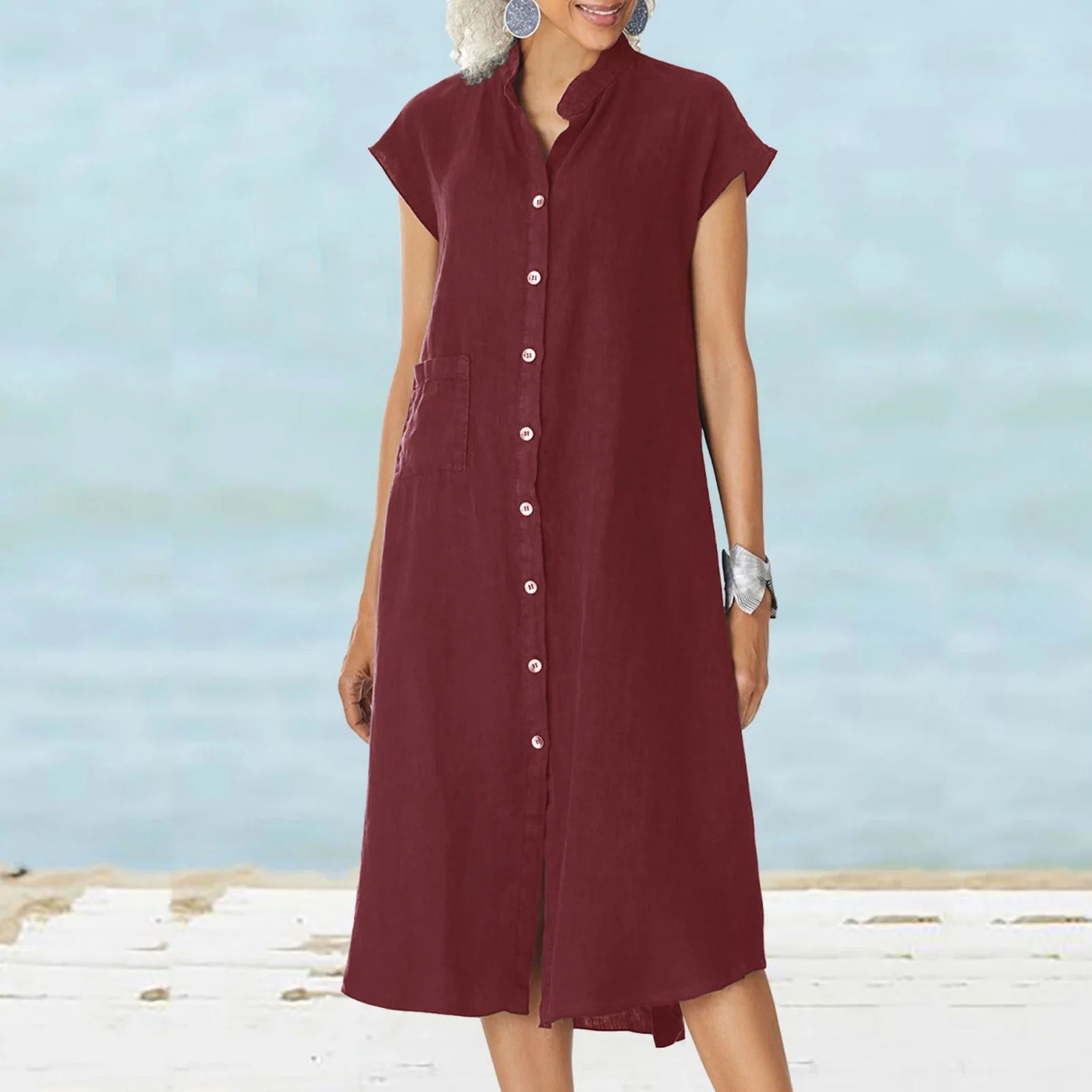 Sukienka koszulowa dla kobiet Lniana bawełniana odzież 2023, Wiosna Lato Casual Vintage Oversized Pure Long Midi Dresses — zdjęcie 4