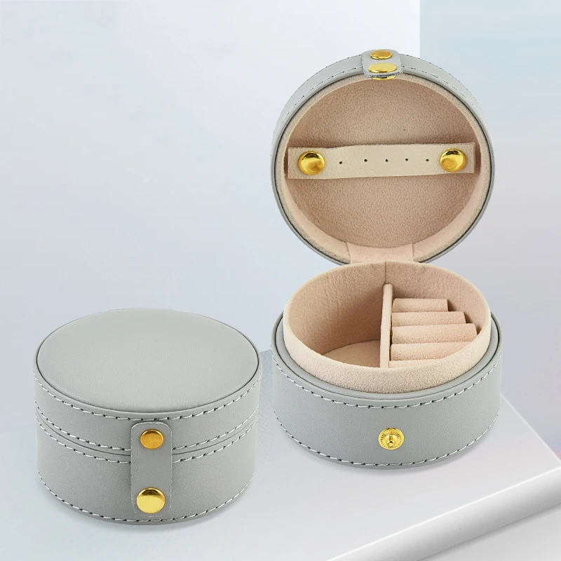 Round Jewelry Box Portable Leather Jewelry Organizer Box Display Travel Jewelry Case Boxes Button Pu Leather Storage Jewelers