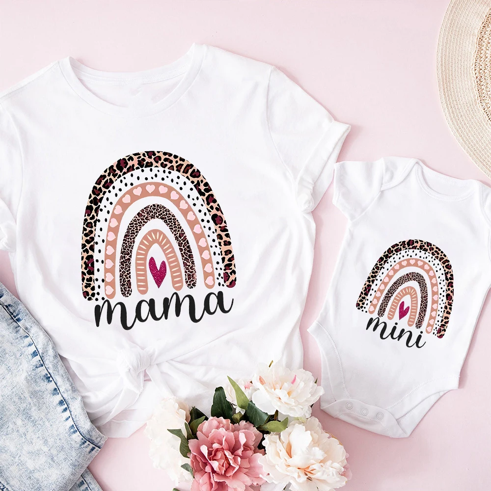 Rainbow Fun Letter Printed Romper and T-Shirt Mommy & Daughter Matching Clothes Mother's Day Casual Family Top