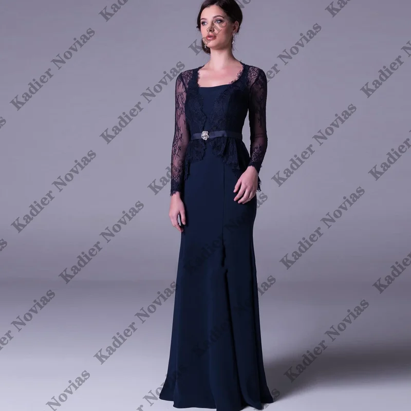 Long Sleeves Navy Blue Mother of the Bride Dresses Lace Appliques Robes Invitee Mariage Customized Wedding Party Dresses