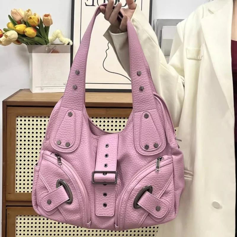 

Women's Pink Harajuku Vintage Soft Tote Bag Fashion Shoulder Crossbody Purse Large Capacity Multi-Pocket Punk Rock Сумка Y2k