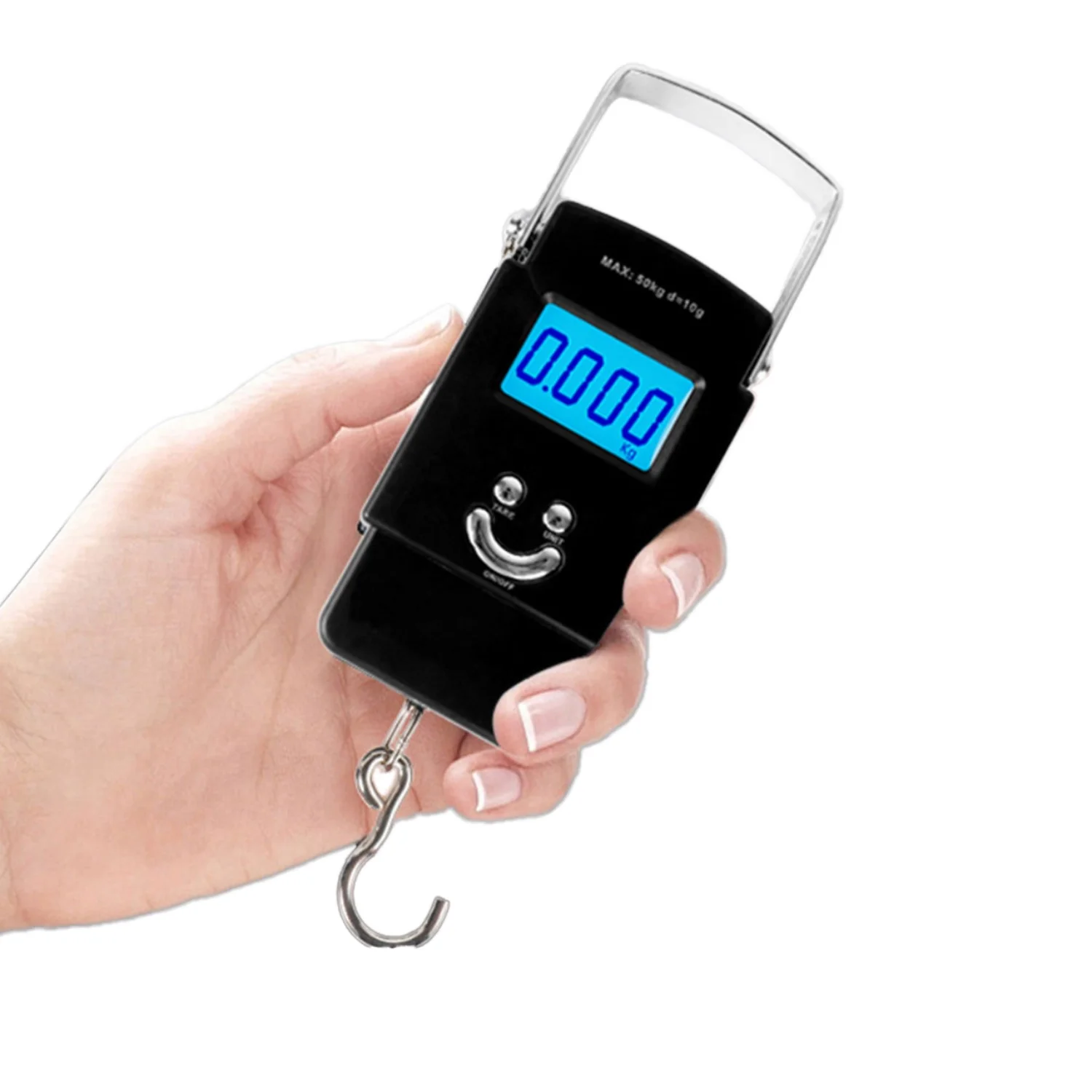 

Портативные электронные весы 50 кг, пластиковые, ручные, подвесные, с цифровым дисплеем, на батарейках, для продуктов и рыбалки