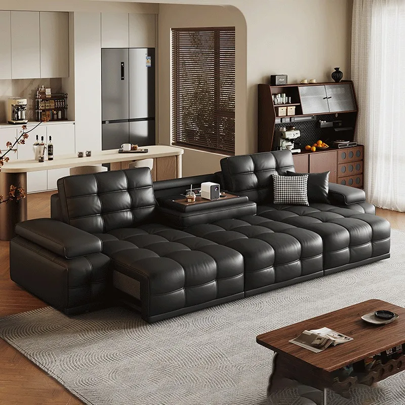 Italian minimalist Lawrence leather electric sofa black retro style living room multi-functional retractable sofa bed
