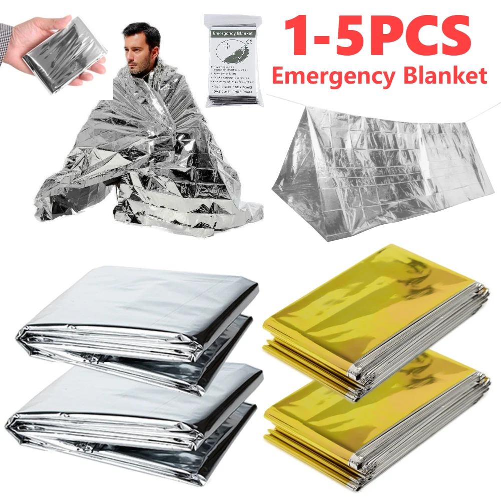 1-5PCS Emergency Blanket Outdoor Survive First Aid Blanket Foil Thermal Blanket for Camping Mat Pad Windproof Rescue Blanket