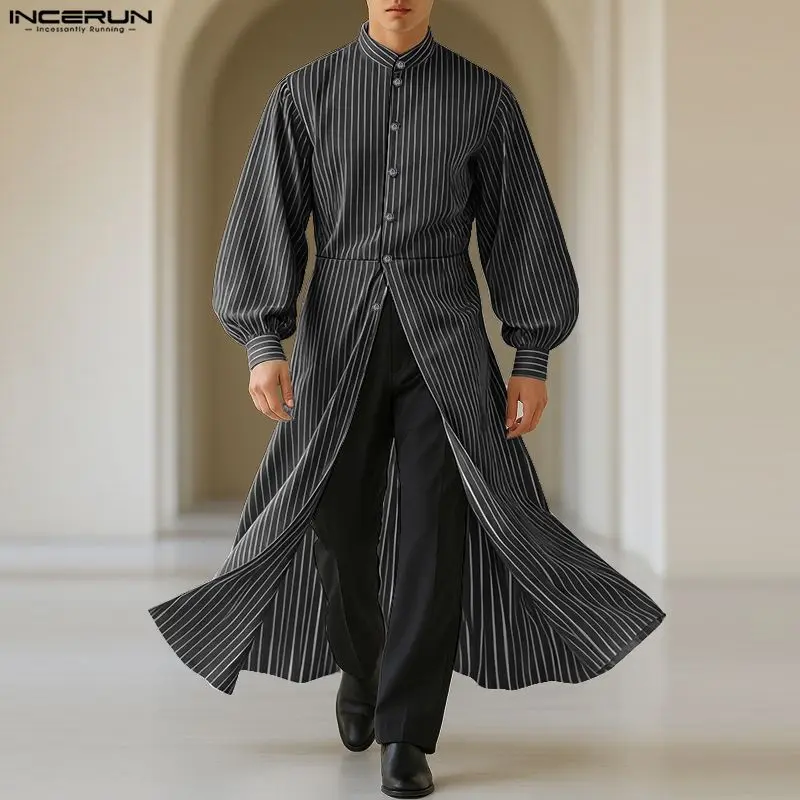 

INCERUN Мужская полосатая рубашка с воротником-стойкой и длинным рукавом на пуговицах, мужская одежда, уличная одежда, свободные модные повседневные длинные стильные рубашки 2025 года