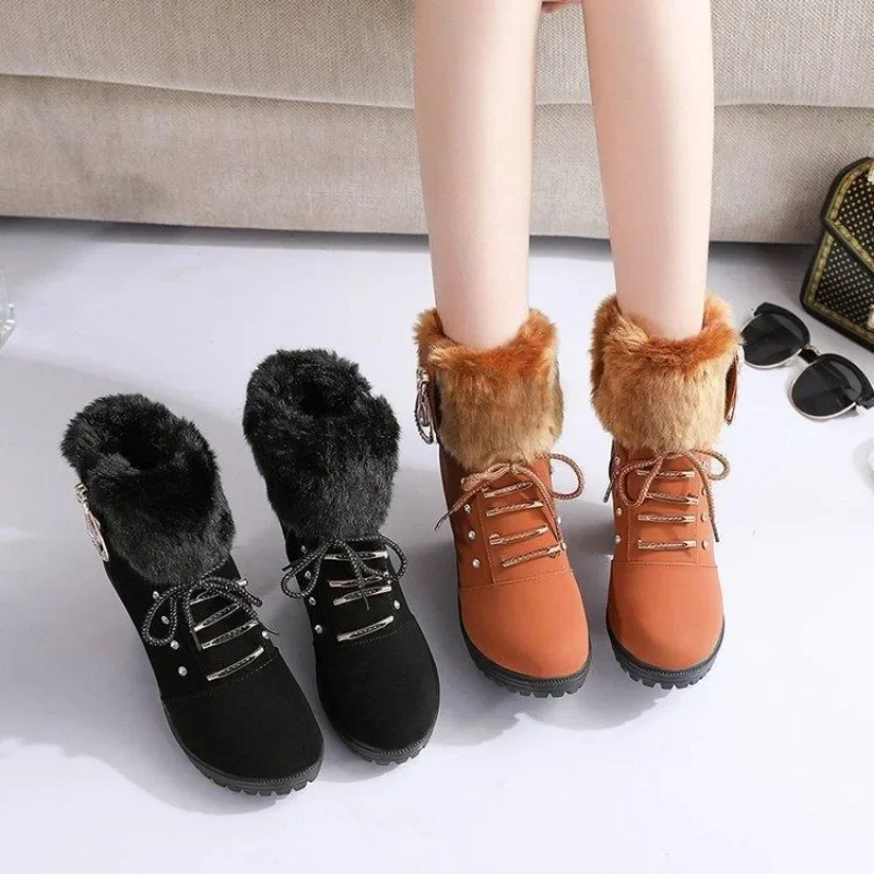 Women\'s boots autumn/winter rhine-diamond high heel leather boots Short pipe cold-proof warm waterproof fashion ankle boots