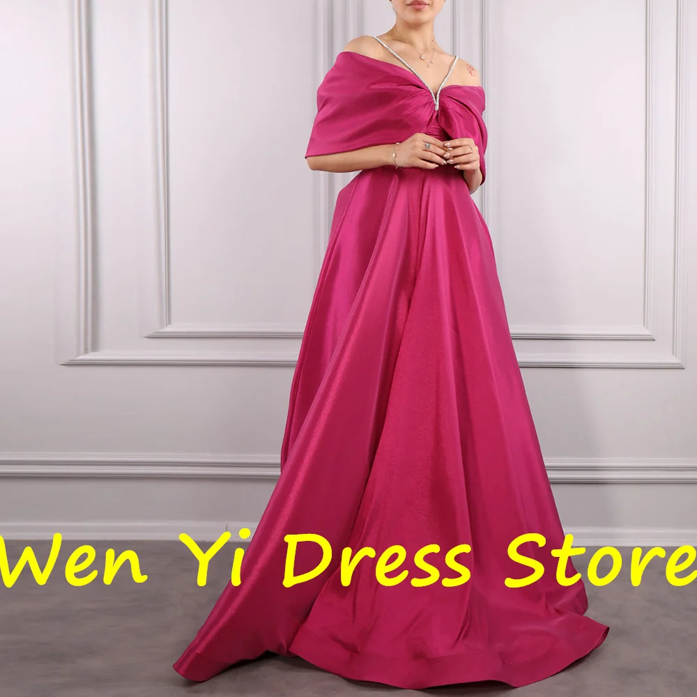 Saudi Arabia Evening Gowns Off the Shoulder Floor Length Satin Half Sleeves Straight Solid Color Sweep Train Pleats Classic 2024