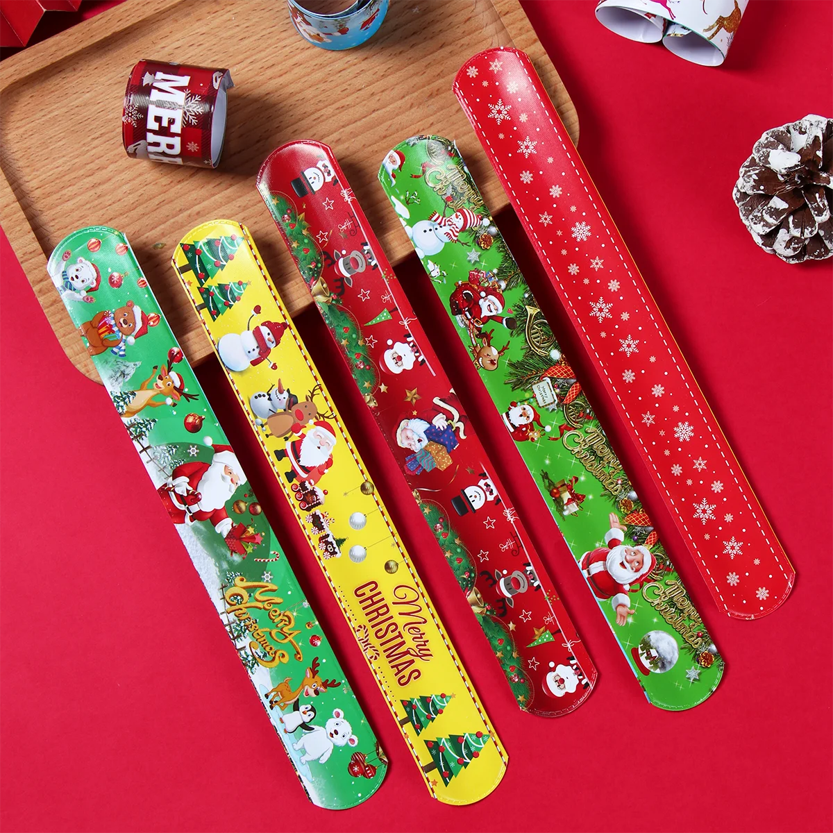 12pcs Christmas Slap Bracelets Santa Claus Snowman Elk Tree Printed Colorful PVC Wristband Child Kids Gifts Xmas Party Supplies