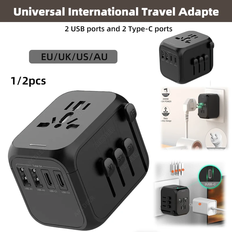 

Универсальный международный дорожный адаптер, 2 USB-порта и 2 порта Type-C. Адаптер питания, совместимый с дорожными вилками ЕС/Великобритании/США/Австралии.