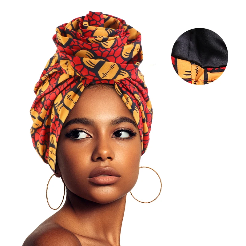 Woman African Satin Lined Turban Cap Big Flower Hat Floral Printed Headwrap Bonnet Muslim Headscarf Ladies Beanies