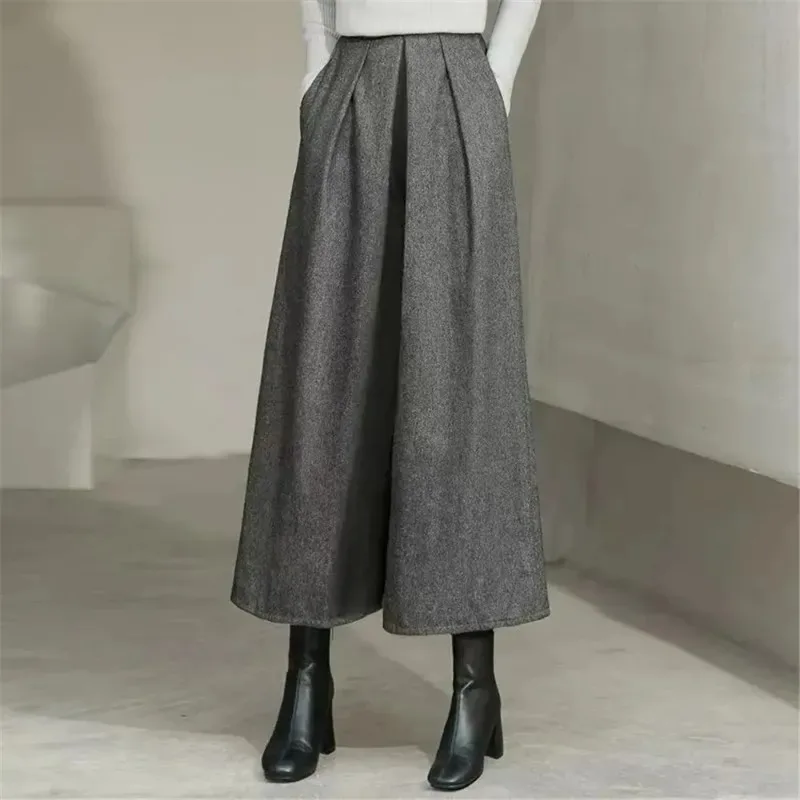 

Loose Woolen Wide Leg Skirts Pants Women Pleated Casual Pants Winter Autumn Straight Trousers Elastic High Waist Fat Leg Pants