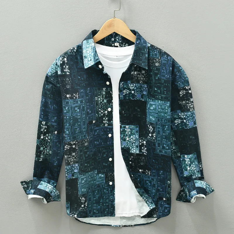 

Men's Cotton Shirt Spring Fall Fashion Flower Jacquard Plaid Print Long Sleeve Loose Casual Blouses Teens Streetwear Trendy Tops