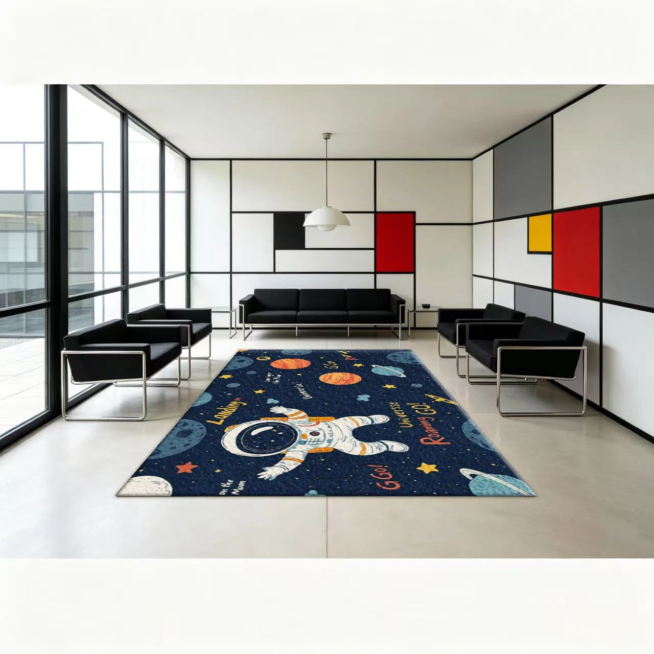 Cartoon Space Astronaut Kids Rug Planet Star Universe Print Children's Bedroom Playroom Floor Carpet