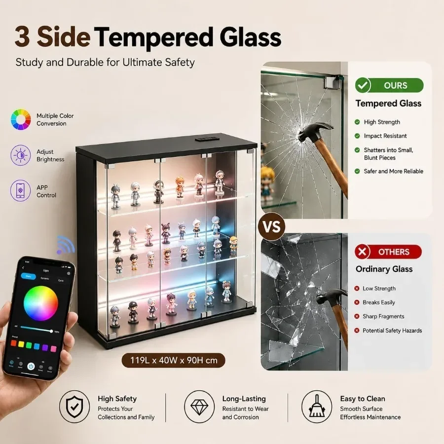 Display Cabinet for Living Room, Tempered Glass, White, 3-Tier Curio Cabinet with Adjustable Shelves and Built-in LED Light view 5