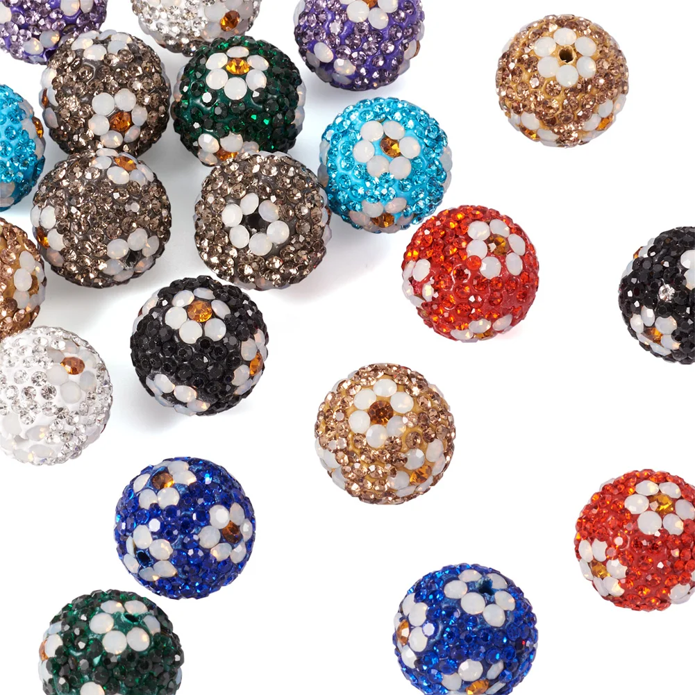 20pcs Pave Disco Ball Beads 16mm Polymer Clay Rhinestone Round with Flower Beads for jewelry making DIY bracele necklace earring