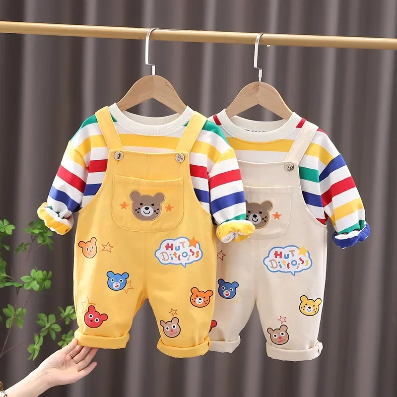 

Autumn Babys Boys 2PCS Clothes Set Cotton Rainbow Striped Sweatshirts+overalls Outfits Colorful Bear Printed Strappy Pants Suits