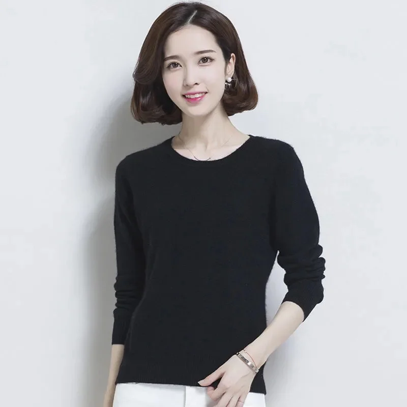 Ladies Solid Color Pullover Cashmere Sweater Women Loose Versatile Knitwear Autumn Winter Female Round Neck Short Woolen Sweater