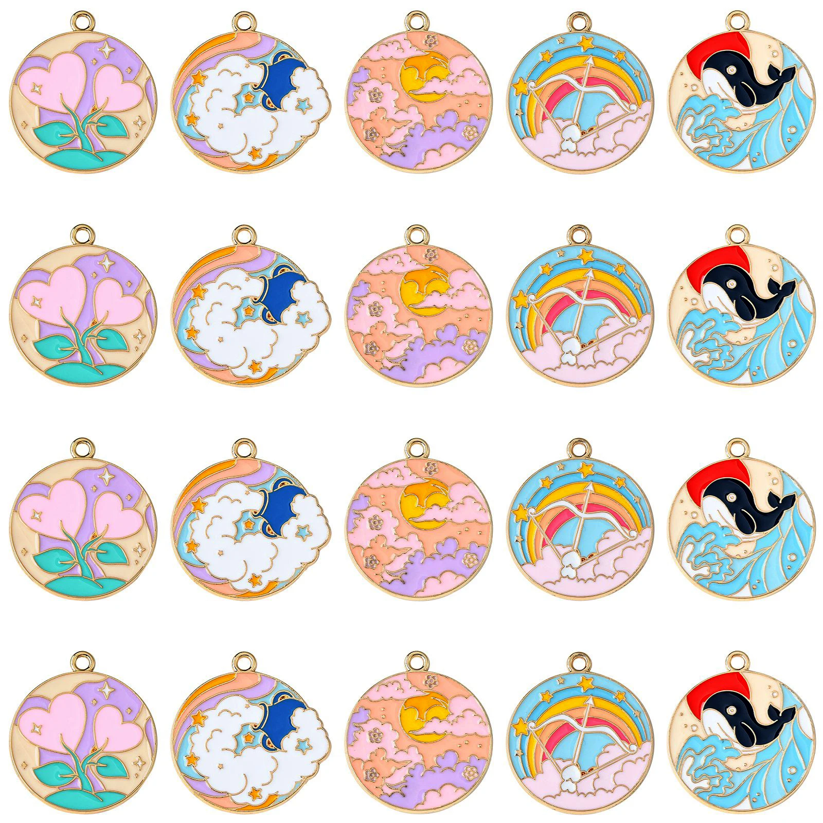 

Pandahall 25Pcs 5 Styles Enamel Flat Round Charms Heart Dolphin Sun Cloud Charms Enamel Round Charms for Jewelry Making Crafting