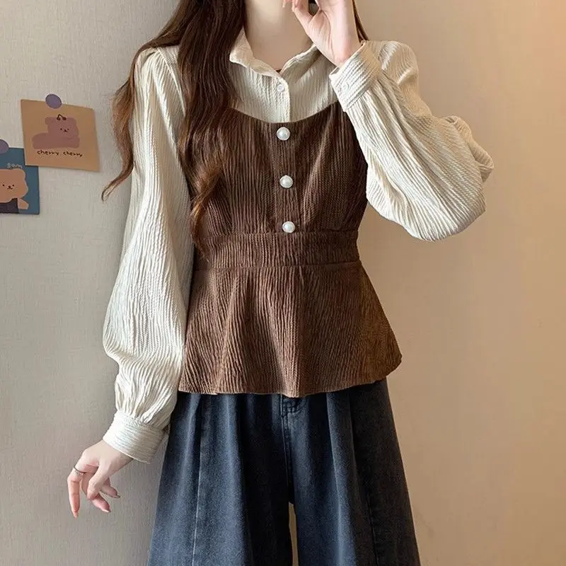 

Fashion Spliced Folds Blouse Waist Spring Autumn Fake Two Pieces Women's Clothing Commute Turn-down Collar Button Korean Shirt