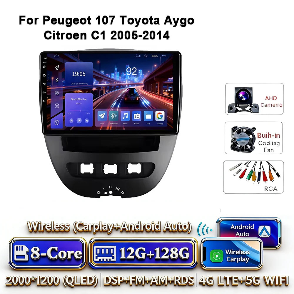 Android 17 Carplay Auto 4G WIFI autoradio voor Peugeot 107 Toyota Aygo Citroen C1 2005-2014 GPS BT DSP touchscreen multimedia