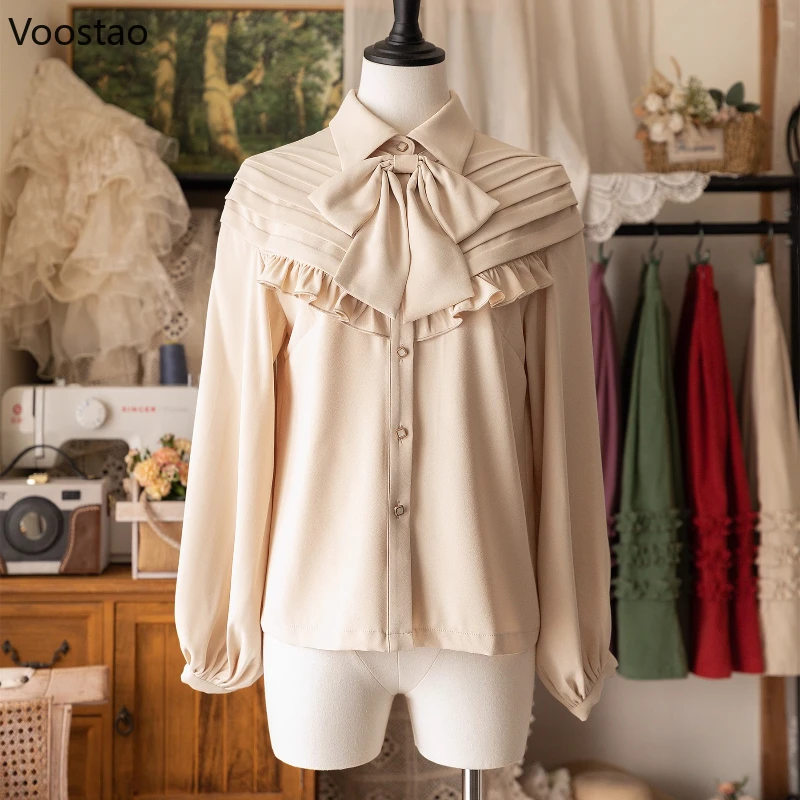 Victorian Vintage Lolita Style Shirt Women Classical Elegant Bow Ruffles Long Sleeve Cute Blouse Female Casual Sweet Tops Blusas