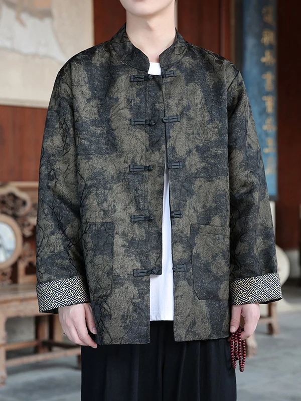 

New Chinese Sle Men's Jaet Coat with Button Design Loose Fit Long Sve Anti-Wrinkle Polyester Fiber Traditional Ethnic ...