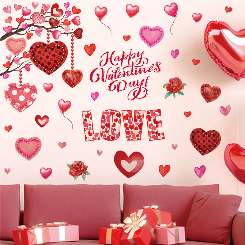 Fensteraufkleber zum Valentinstag, PVC, selbstklebend, für Urlaub, Party, Hochzeit, Kuchen, Liebe, Rosen, Katze, Ballon, Heimdekoration, Wandaufkleber