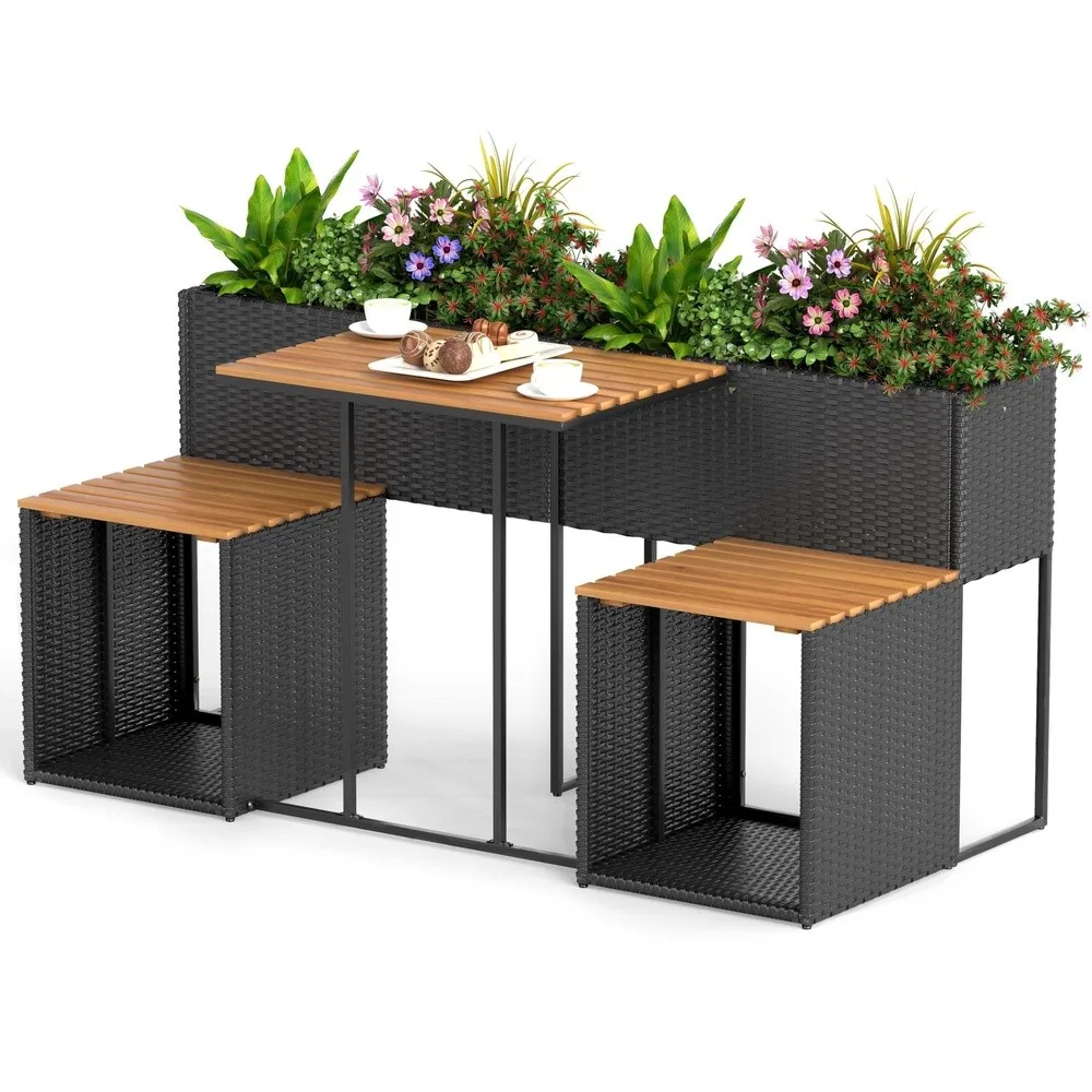 Patio Furniture Set with Raised Garden Bed Wicker Rattan Elevated Planter Table w/2 Chairs Slatted Acacia Wood Top &