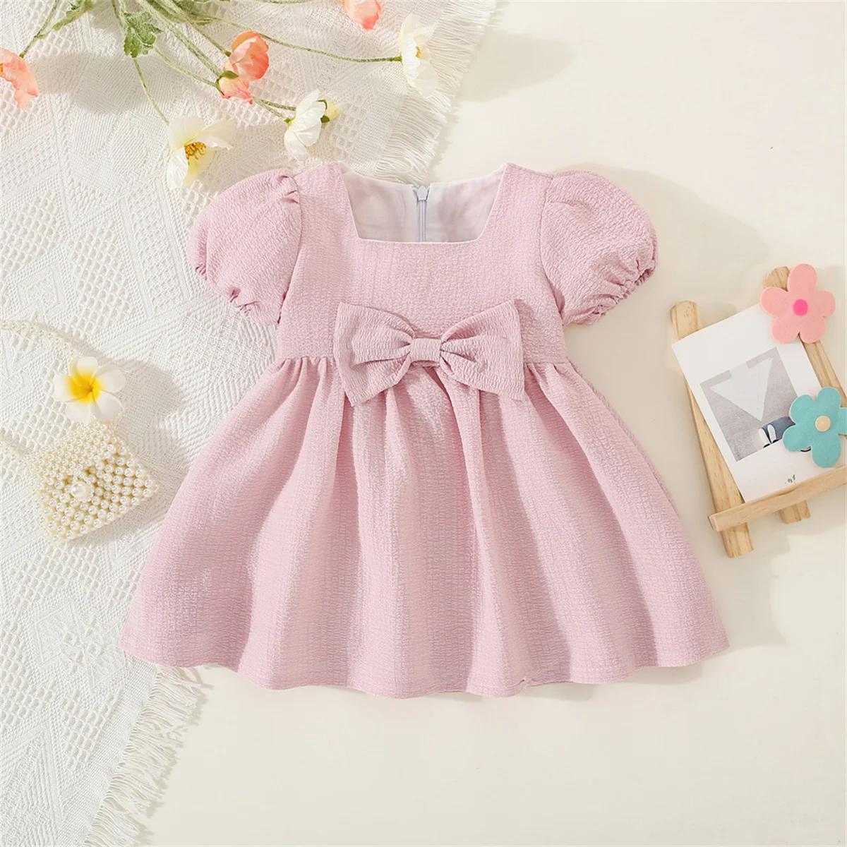 Summer Baby Girl\'S Dress Solid Color Round Neck Bow For Ladies Daily Wear Knee Length