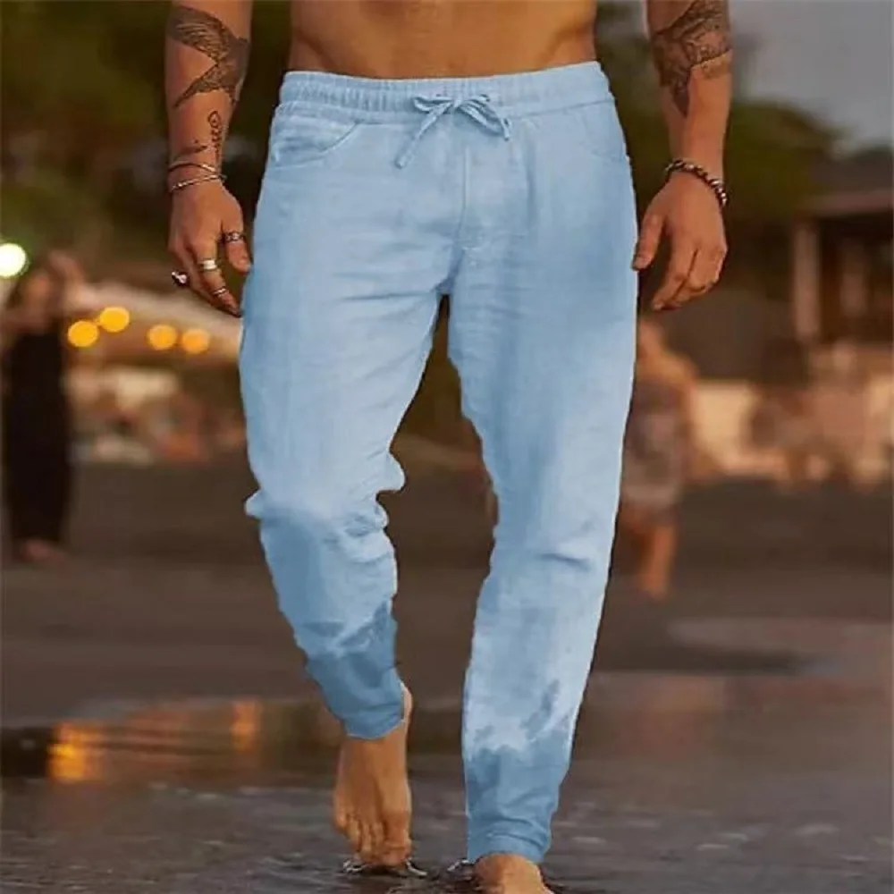 2024 New Men's Long Pants Summer Solid Color Breathable Linen Trousers Male Casual Elastic Waist Casual Pants Harajuku Trous ﻿