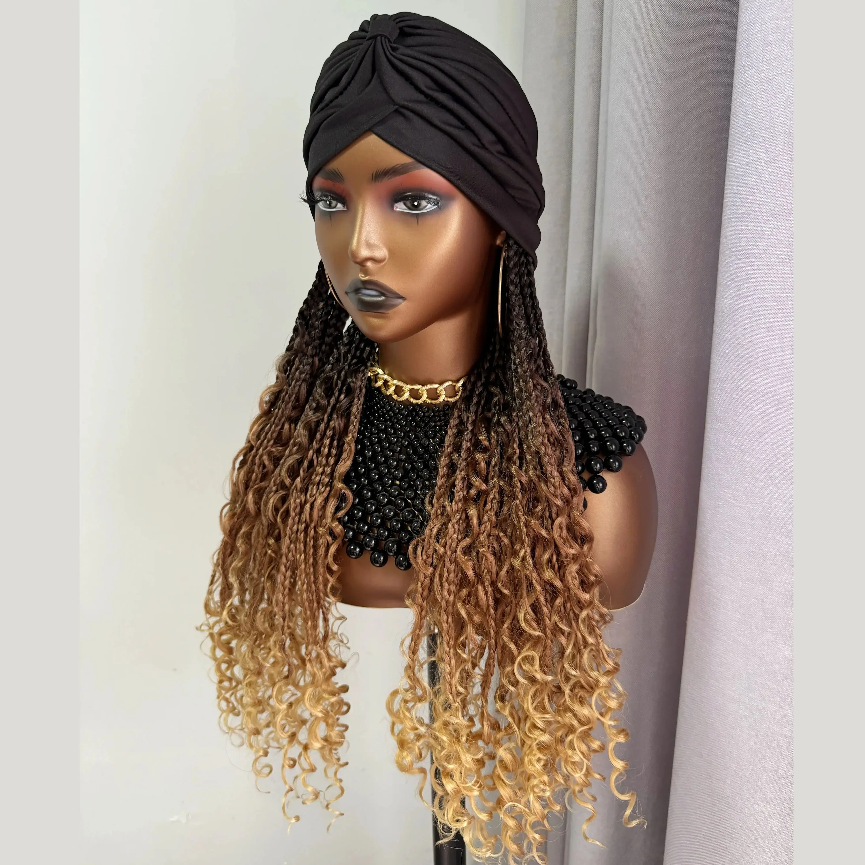 WIGERA Long Headband Ombre Brown Honey Blond Boho Box Braided Synthetic Wig With Changed Freely Turban Braiding Hair Extensions