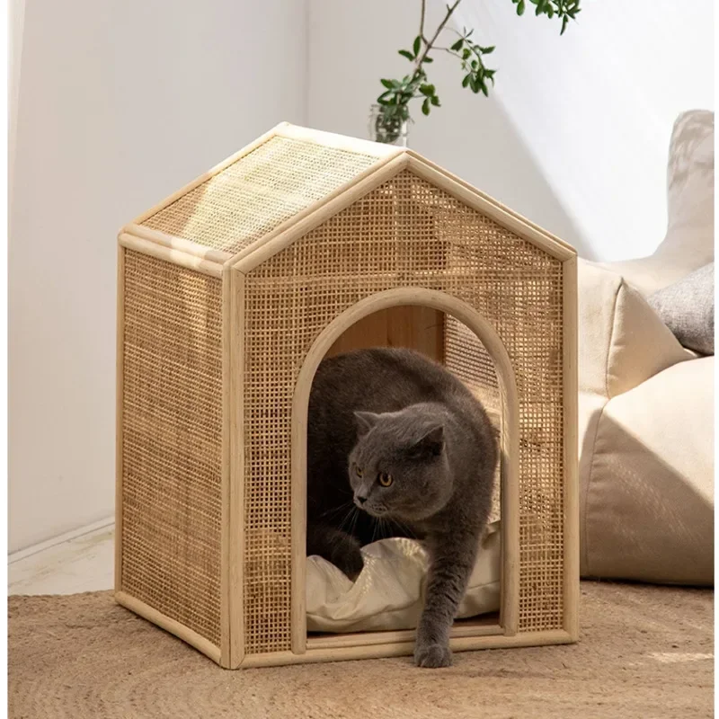 Japanese Cat\'s House High Appearance Level Beds for Cats Creative Rattan Weaving Litter Cats Ventilation Breathable Pet House