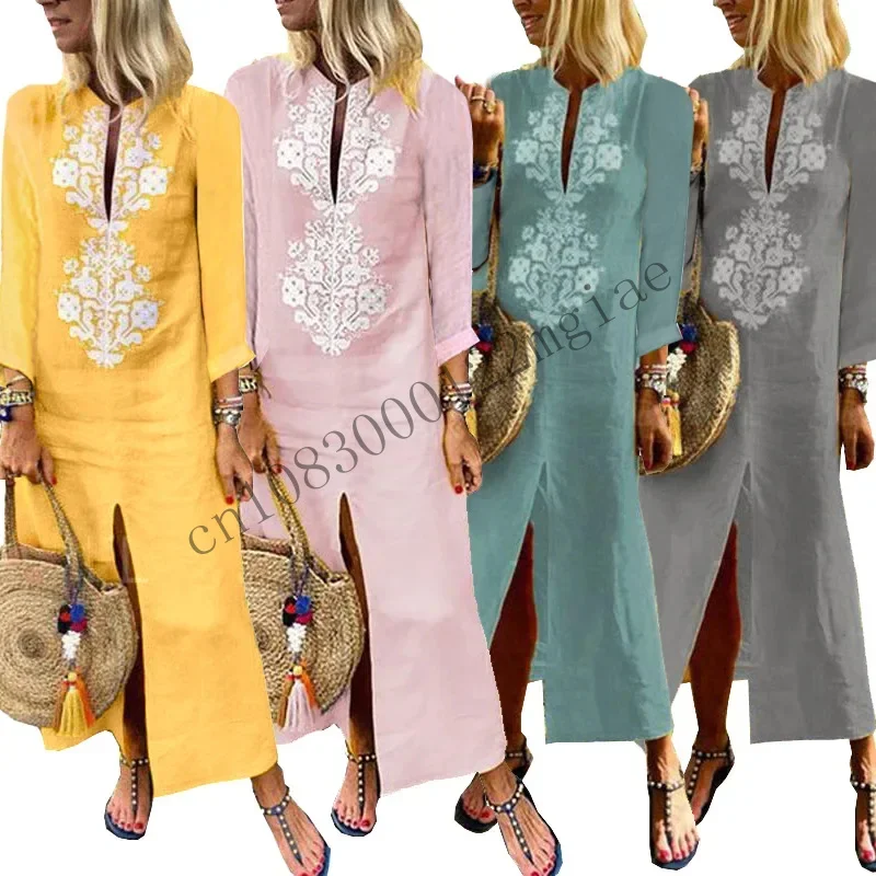 Cotton linen boho holiday long sleeves women Spring casual African dashiki print front slit maxi tunic V neck dress cmm221