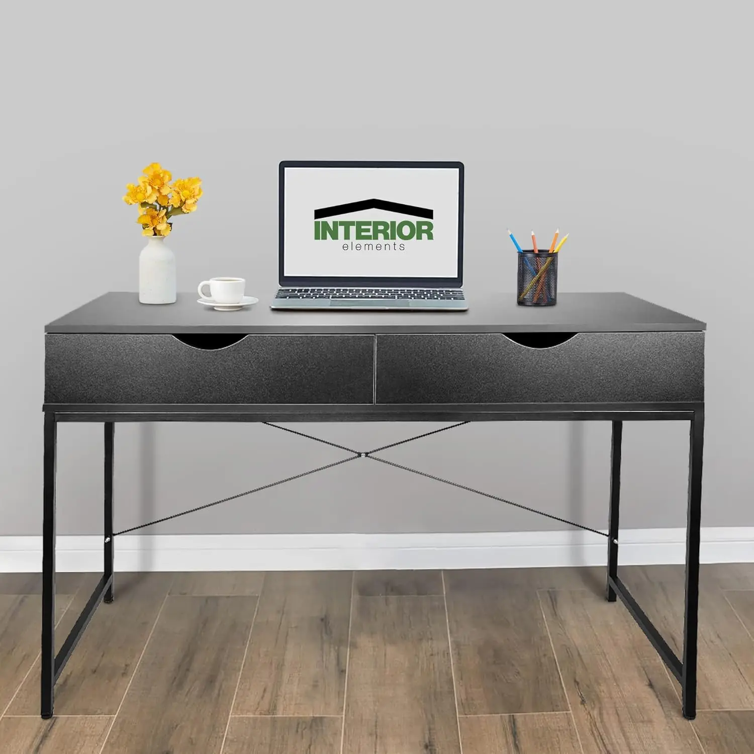 Contemporary Black Computer Desk with Storage Drawers, 47.5 Inch Width Home Office Workstation Furniture