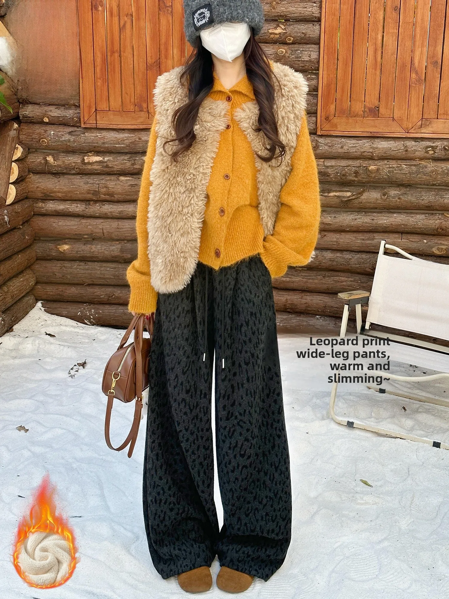 

Женские утепленные брюки с леопардовым принтом и широкими штанинами, зимние, с высокой талией, из смесового хлопка, удобные, мягкие, повседневные брюки