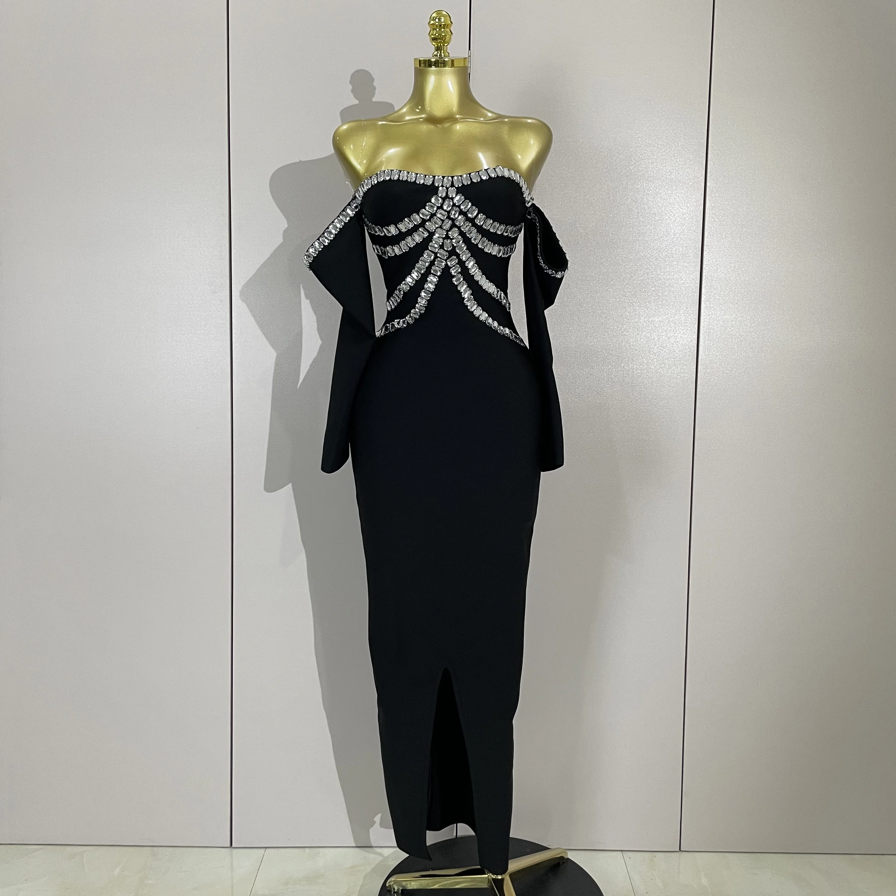 

Женское элегантное бандажное платье с кристаллами и бриллиантами с открытыми плечами и длинными рукавами, вечерние платья знаменитостей, роскошные клубные платья на день рождения