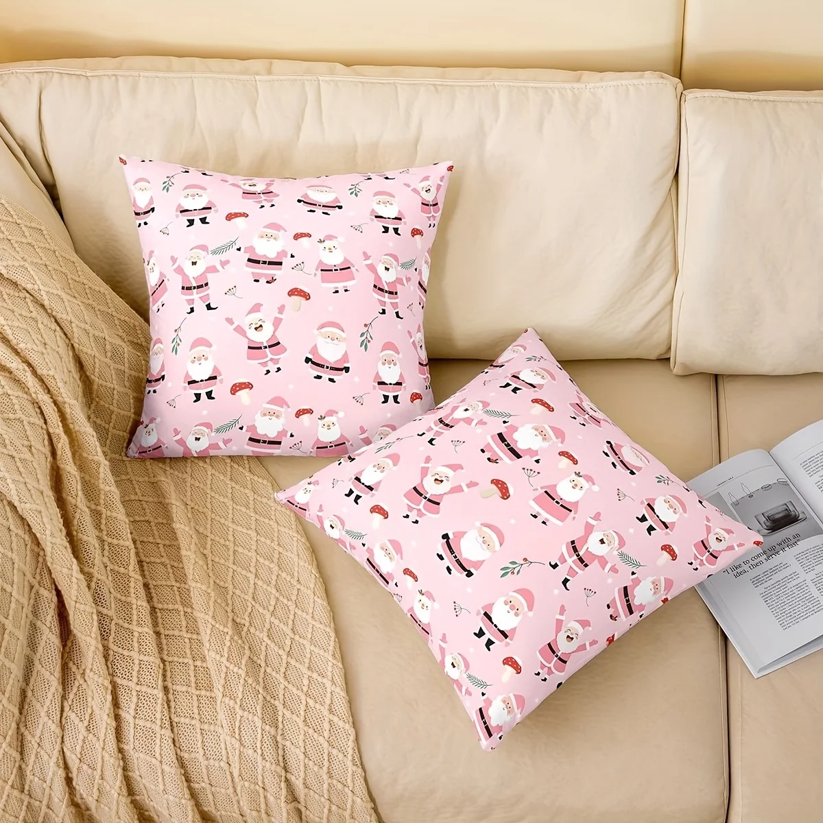 2pcs Pink Merry Christmas Square Pillow Covers Festive Santa Claus Holiday Motifs Soft Polyester Zipper Closure