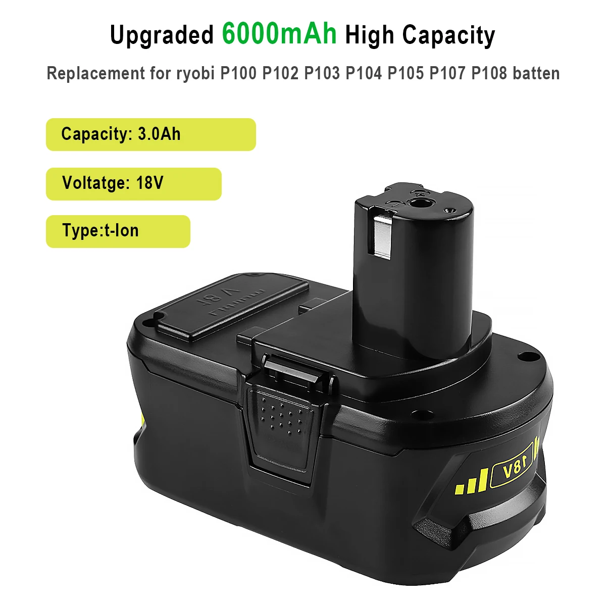 18V 6000mAh For RYOBI P108 BPL-1815, BPL-1820G, BPL18151, BPL1820, P102, P103 P104, P105, P106, P1 cordless electric hands-on dr