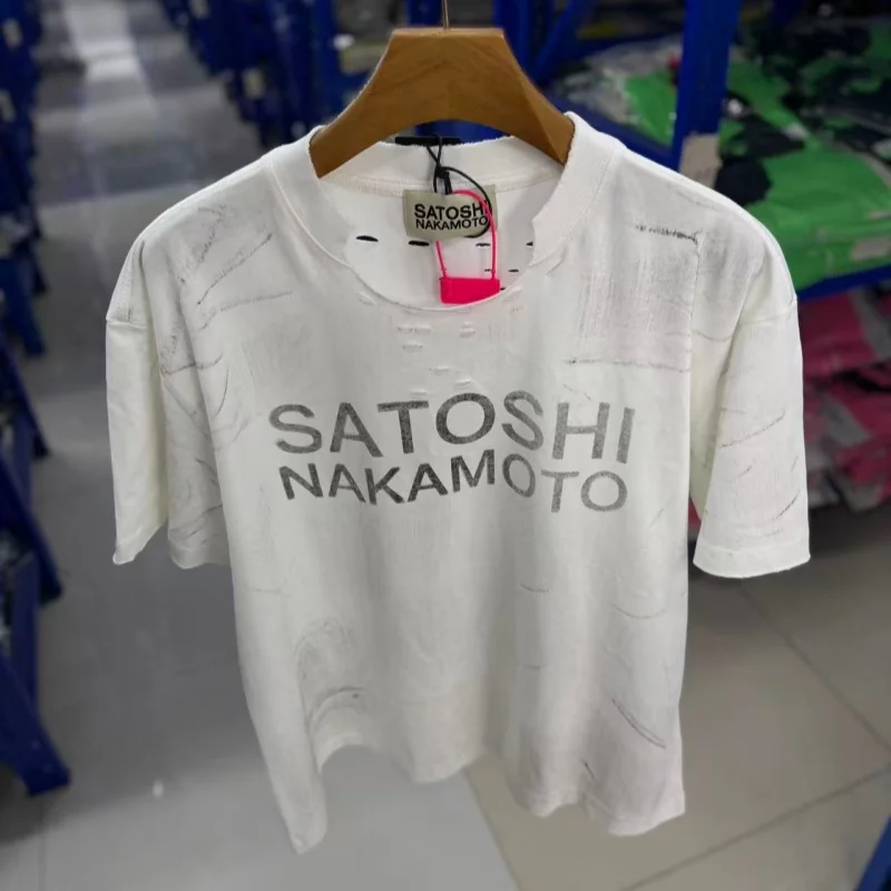 Washed Ripped Destroyed T Shirt SATOSHI Letter Men Loose Fit Casual Tee