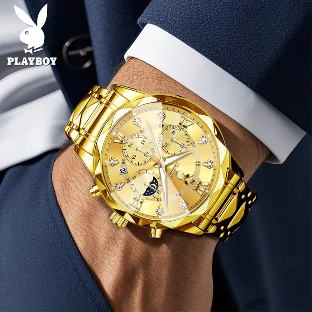PLAYBOY 3088 Business Quartz Watch Chronograph Luminous Function 30m Waterproof 24-hour Moon Phase Date Window Watch For Men