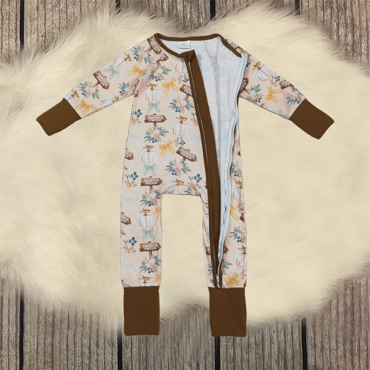 

Baby Toddler Thanksgiving Bows Flower Jumpsuit Girl Children Pumpkins Romper Newborn Coverall Kids Zipper Bodysuit Wholesale