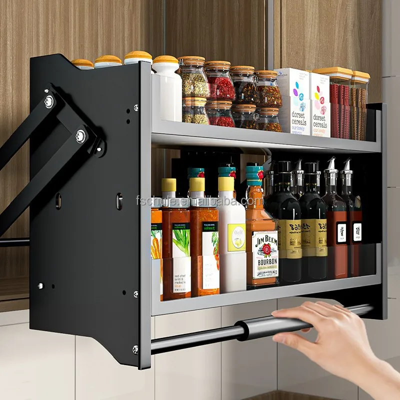 Modern Stainless Steel Multi-Function Pull-Down Shelf Kitchen Organizer Automatic Basket Elevator Spice Rack Lift