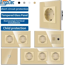 Bingoelec Touch Switch and Type-c USB Wall Socket Glass Panel Gold Double Socket with Rj45/TV Triple Sockets Home Improvement