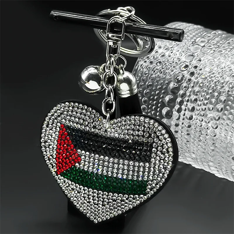 

Palestine Flag Full Crystals Heart Shaped Key Chain for Women Men Leather Silver Color Keyring Bag Car Accessories Jewelry Gift