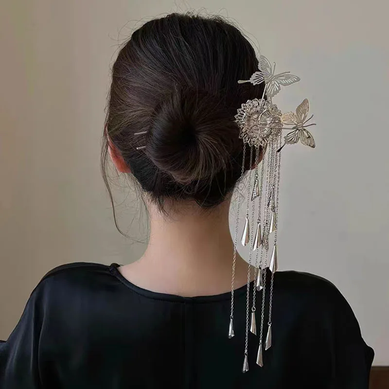 Horquillas de estilo antiguo, borlas plateadas, sombreros Hanfu, horquillas de estilo chino, accesorios para el cabello y sombreros de mujer