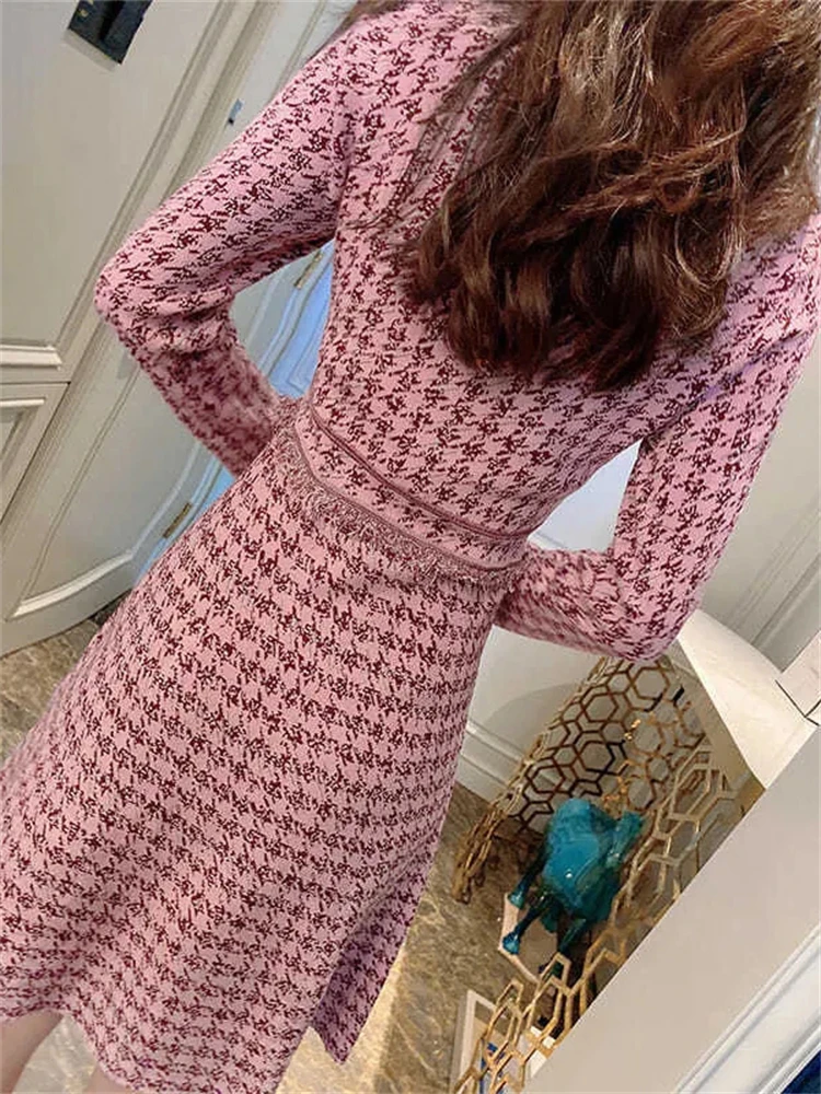 Houndstooth V-neck Knitted Dress Long Sleeve Women Spring Vintage Vestidos Slim Elegant Kleid V-neck Korean Knitwears Dresses