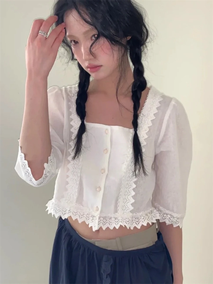 

Женский облегающий топ из смеси хлопка и льна в стиле ретро с квадратным воротником Smoothnood Wind irt ort Sve Pure Color на пуговицах