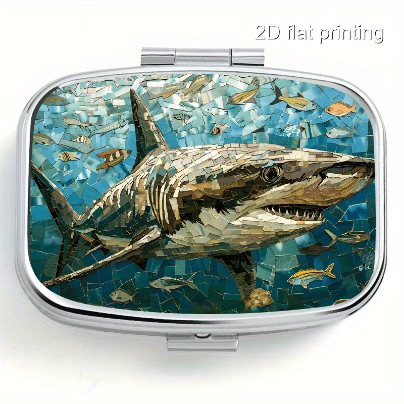 Square Small Box with Random Shark Pattern Print, 2-Compartment Metal Box, Portable Small Box with Compartments, Portable Small Box for Wallets or Money, Decorative Metal Small Vitamin Storage Box, Suitable for Travel, Camping, Unique Gift