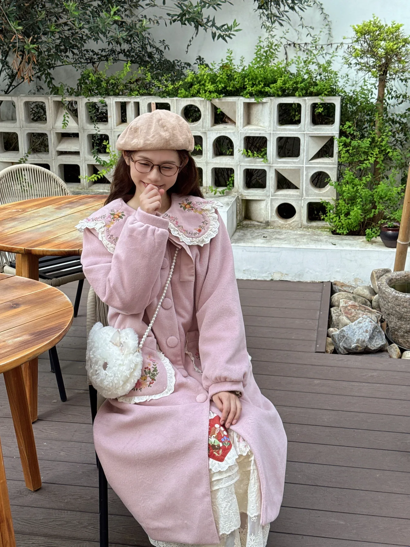 森ガールズ スイートロリータ ピンク ロングウールジャケット 秋冬新作 日本のかわいい女の子 スイート刺繍シングルブレストオーバーコート